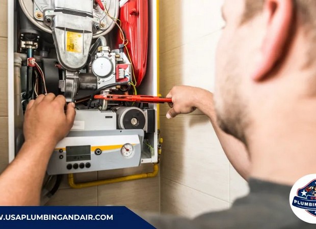 Certified plumber installing a compact tankless water heater in Las Vegas home