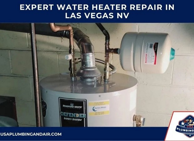Expert plumber repairing a residential water heater in Las Vegas