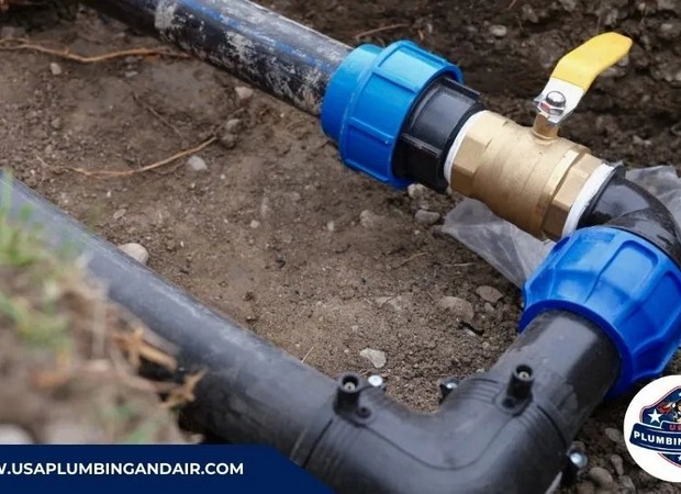 USA Plumbing & Air technician fixing a damaged water meter connection in Las Vegas